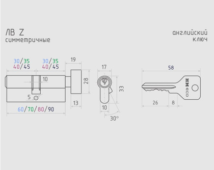 Механизм цилиндровый (35/35, ключ/вертушка, хром, английск.ключ) ЕСО Z ЛВ-70 NORA-M