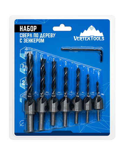 Сверла по дереву с зенкером (наб.7шт 3/3,5/4/4,5/5/5,5/6 мм) VERTEX