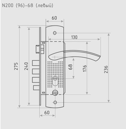 Замок врезной N201-68 Л(N200 (96)-68мм) (матовый никель) NORA-M