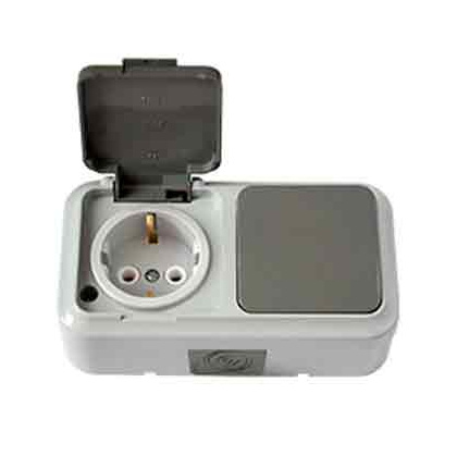 VIKA сер. Блок электроуст. 1-кл. выкл. + розетка с/з с крышкой, IP54 В-РЦ-657(03), ОККО